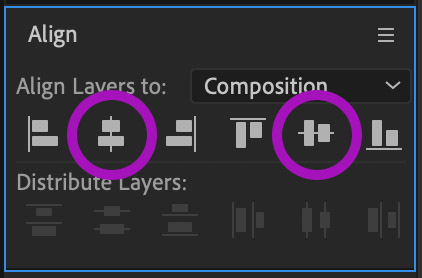 Align panel in After Effects with Align Horizontally and Align Vertically circled