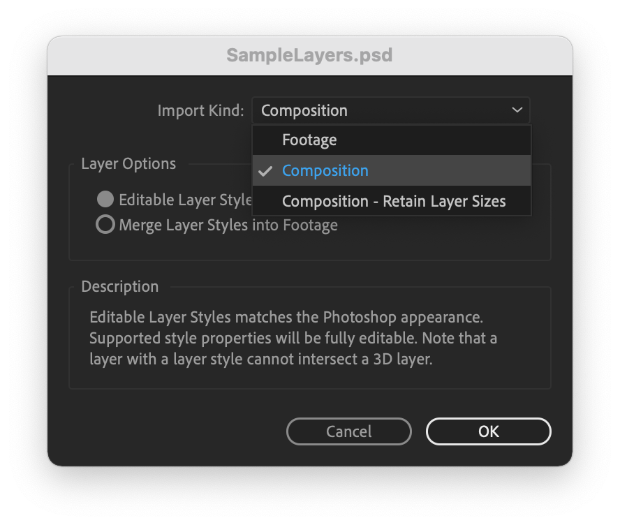 Import options for PSD files in After Effects in order to keep it's layers