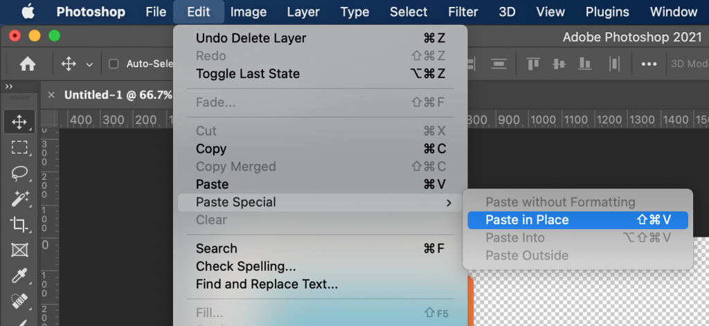 Photoshop menu showing Paste in Place