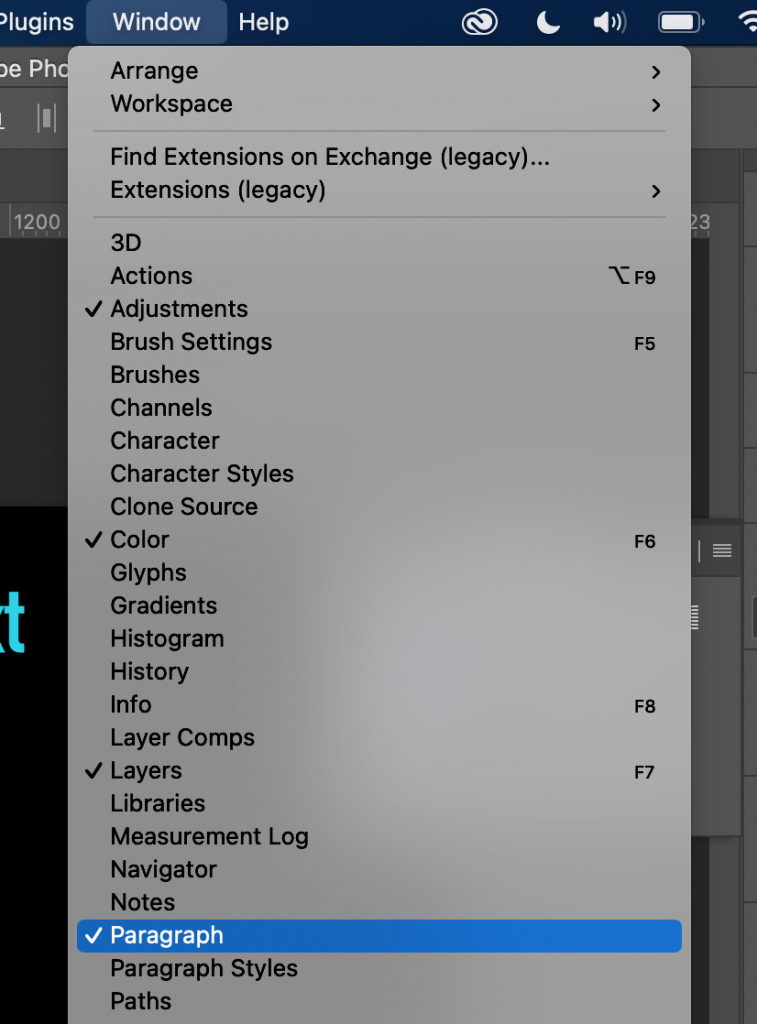 Photoshop Window menu with Paragraph selected