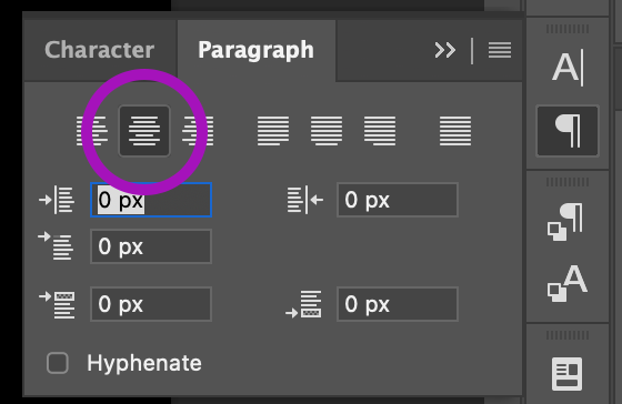 Photoshop Paragraph panel with Center text button selected