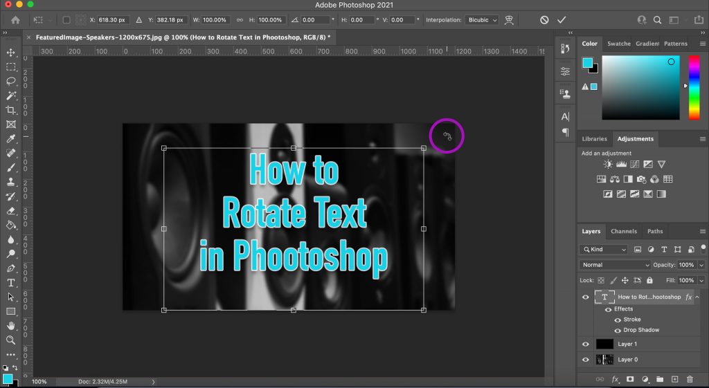 Free Transform tool in Photoshop showing rounded cursor which indicates you can rotate the layer