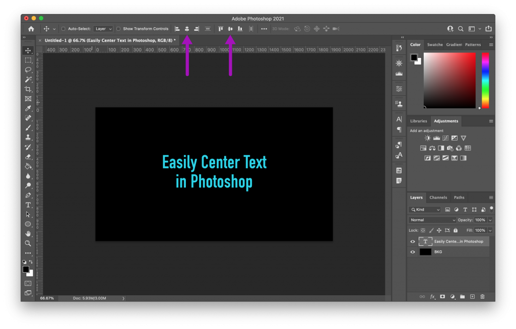 Photoshop Move Tool Options bar with arrows pointing to Align horizontal centers and Align vertical centers buttons to center text layer