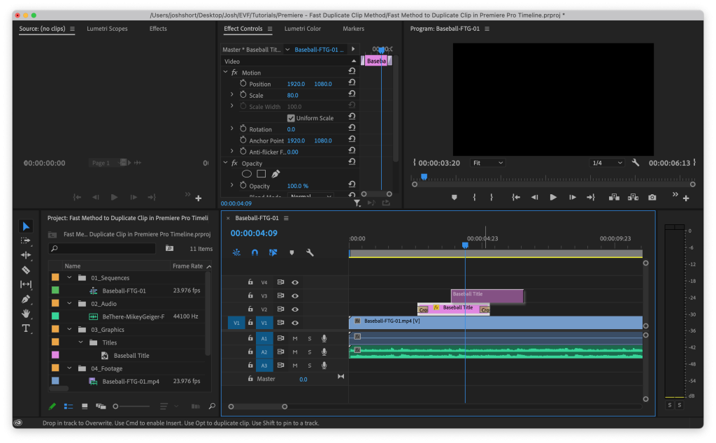 Clip being duplicated in Premiere Pro timeline panel