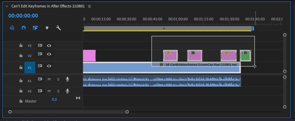 Premiere Pro timeline with clips lassoed