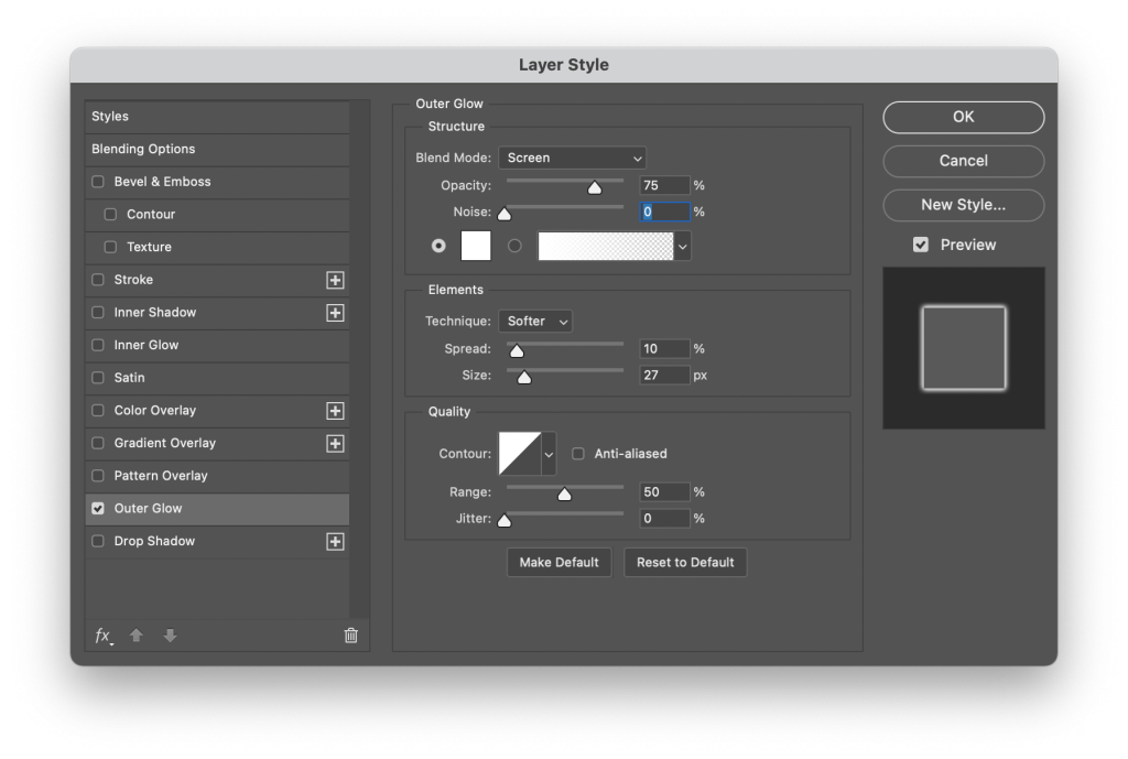 Photoshop Layer Style window in Outer Glow section