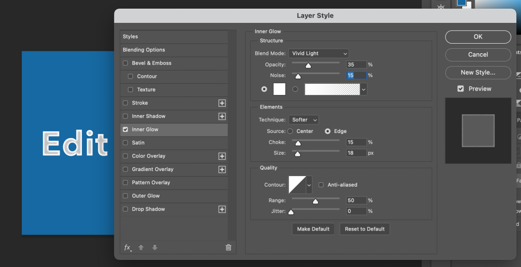 Layer Style window in Photoshop with Inner Glow activated