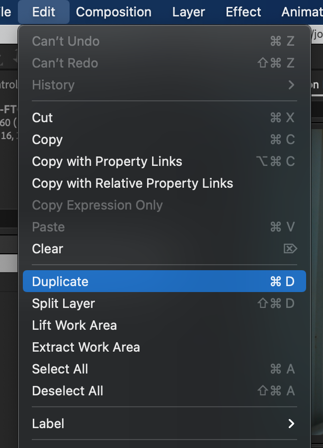 After Effects Edit menu with Duplicate selected