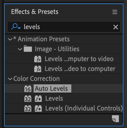 After Effects' Effects & Presets panel with Auto Levels selected