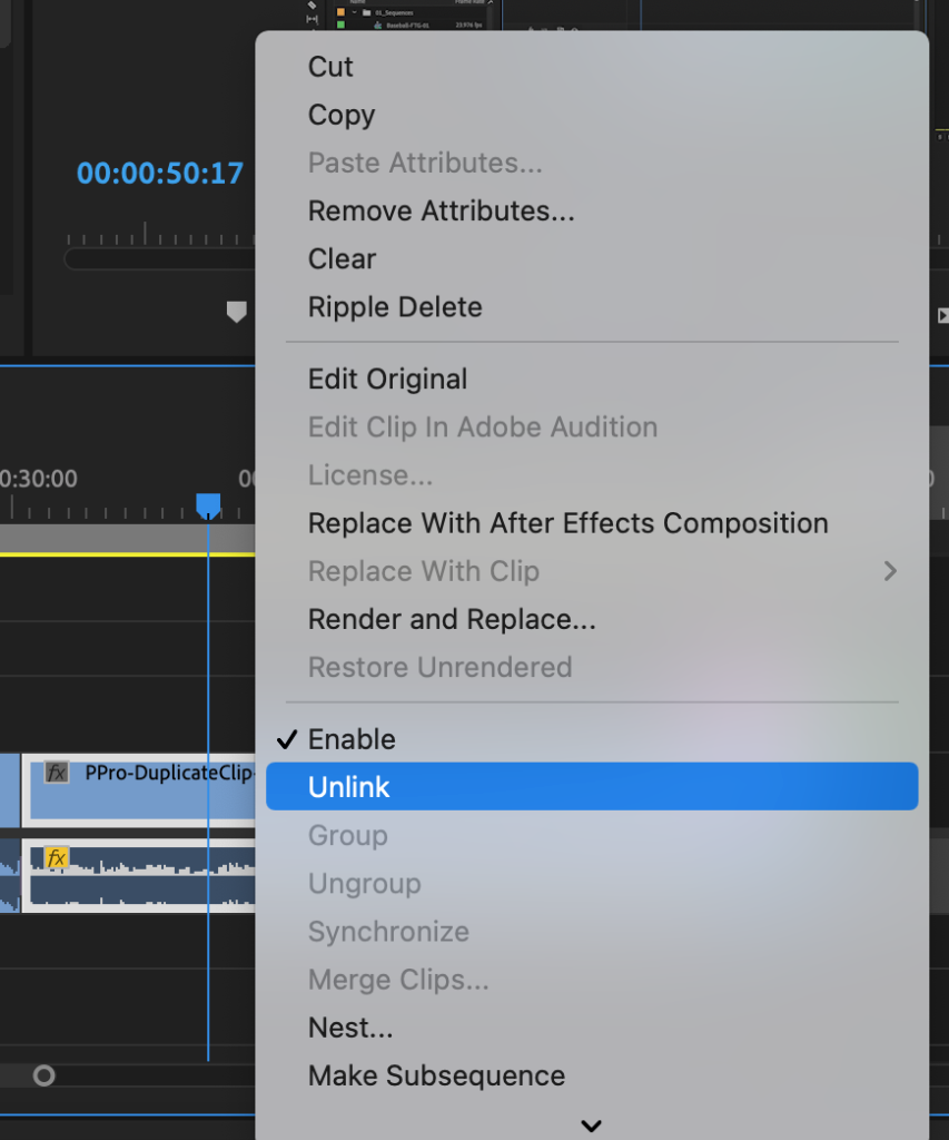 Premiere Pro menu when you right-click a clip with Unlink selected to separate the audio and video tracks of the clip