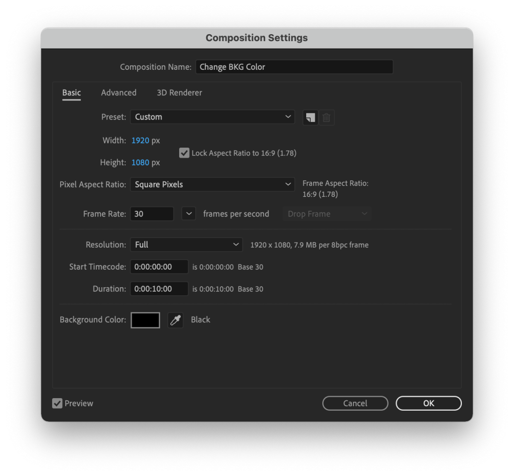After Effects Composition Settings to change background color