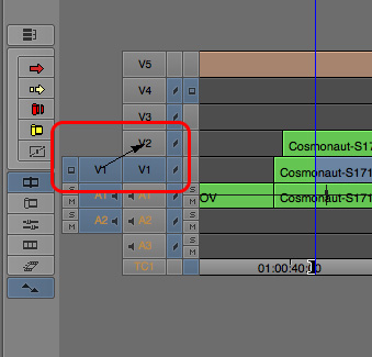 Avid Media Composer Timeline patching V1 on Source side to V2 on Record side