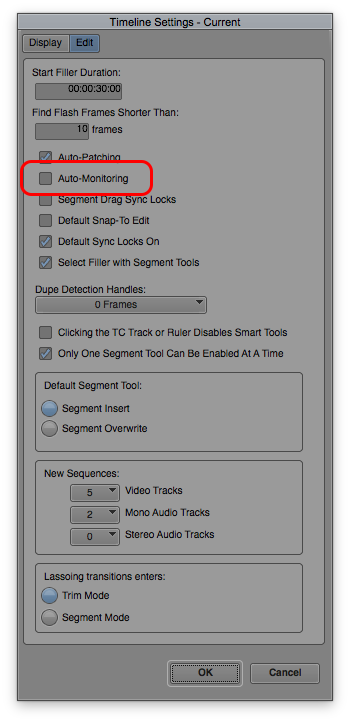 Timeline Settings with Auto-Patching turned off and outlined