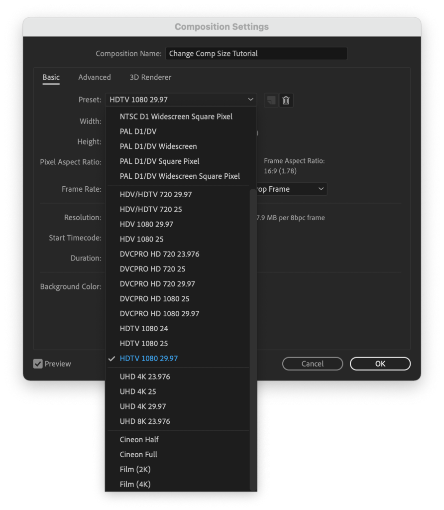 Composition size presets in After Effects’ Composition Settings