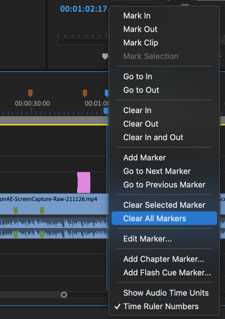 Clear All Markers highlighted in Premiere Pro menu after right-clicking marker in Timeline panel