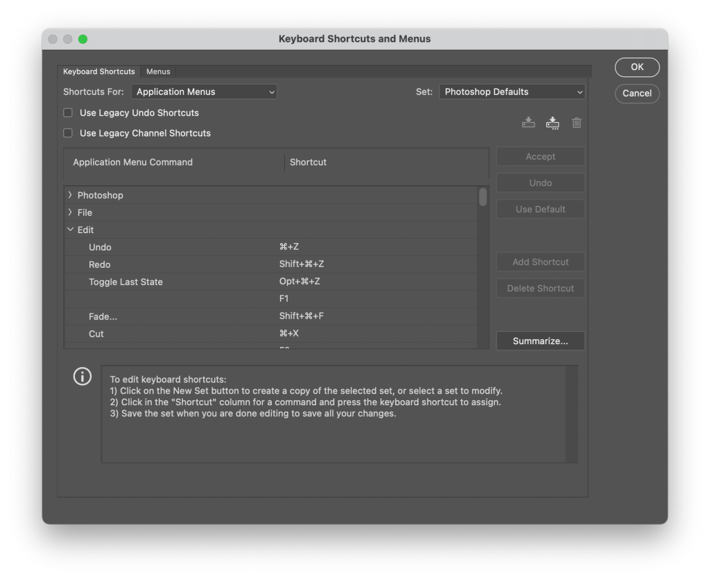 Photoshop Keyboard Shortcuts and Menus tool