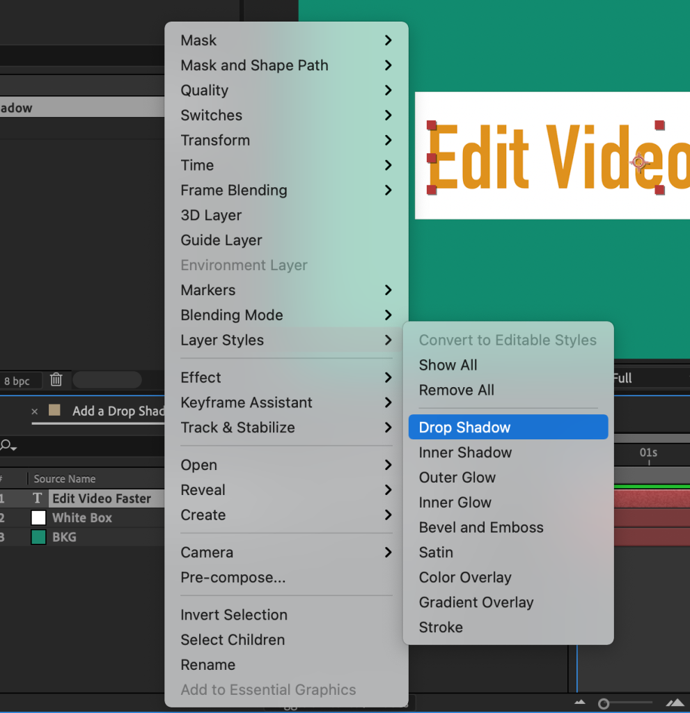 After Effects menu on clip that was right-clicked with Drop Shadow selected