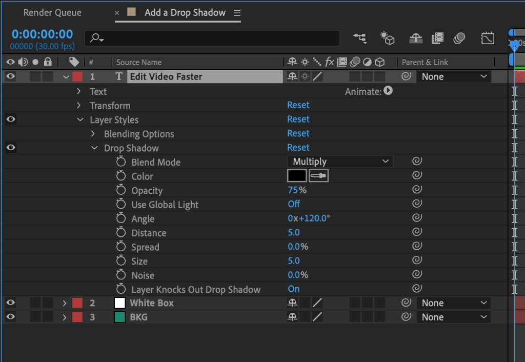 After Effects Timeline panel showing Drop Shadow properties