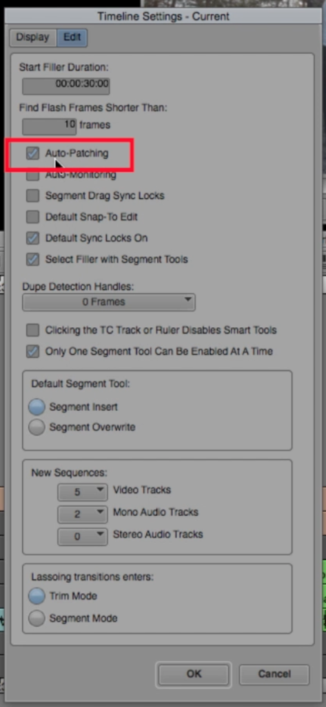 Timeline Settings with Auto-Patching feature setting circled