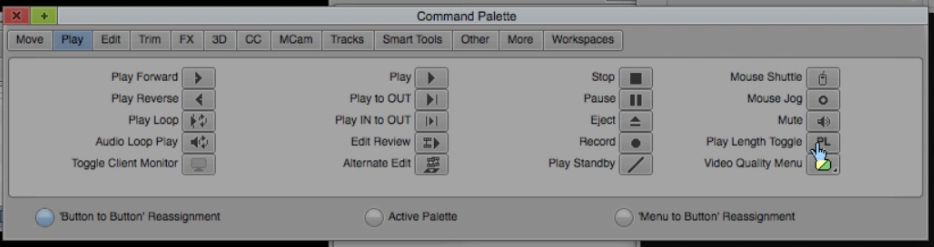 Command Palette in Avid Media Composer with Play Length highlighted