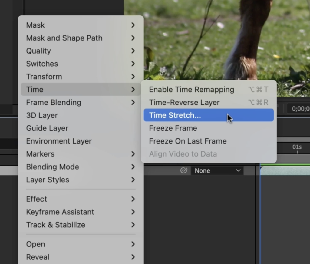 After Effects clip menu with Time Stretch selected