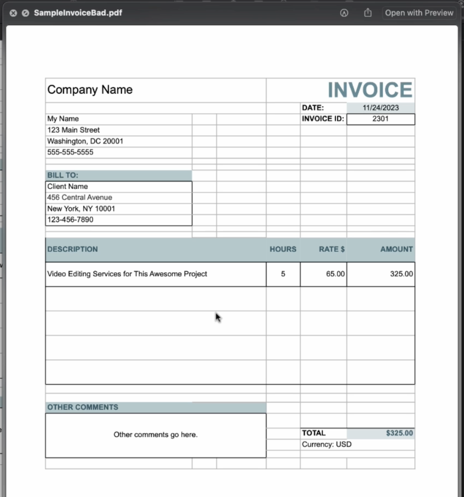 PDF exported from Apple Numbers with borders on all cells