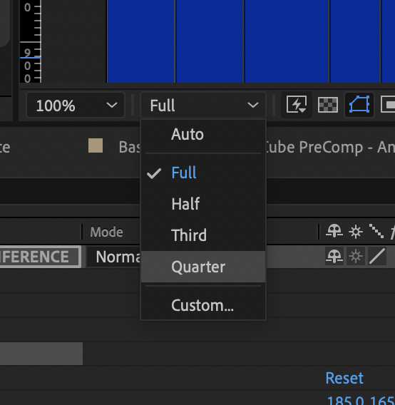 After Effects playback resolution dropdown menu with Quarter highlighted