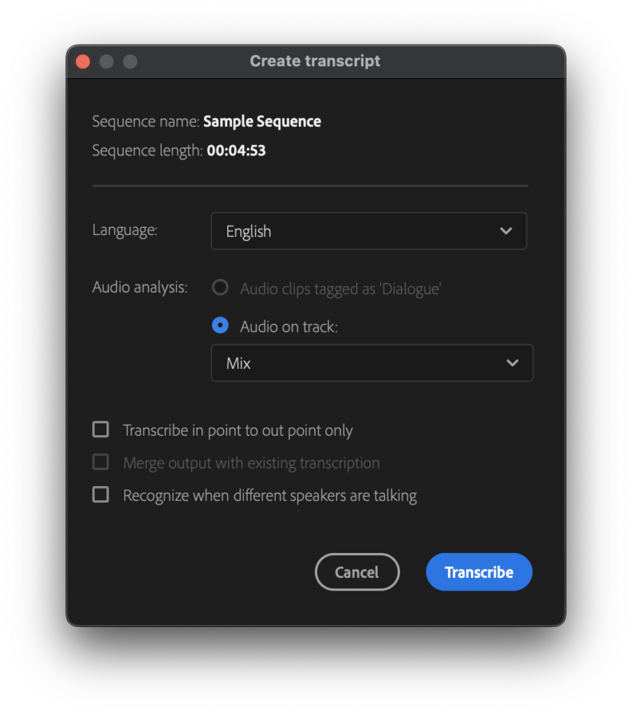 Premiere Pro transcription settings