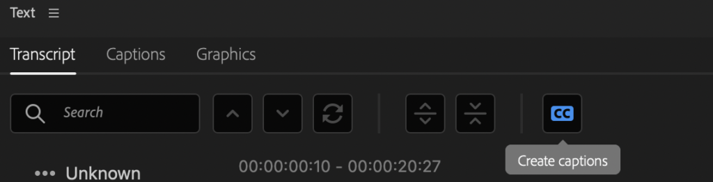Premiere Pro Text panel with Create captions button highlighted