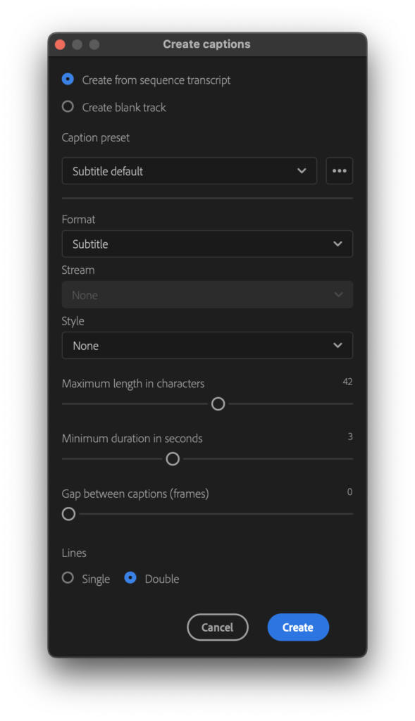 Adobe Premiere Pro captions settings