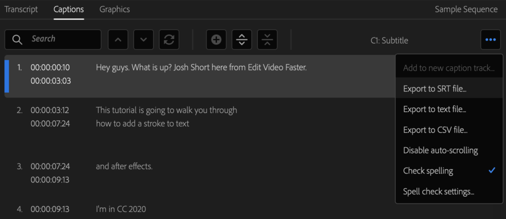 Captions tab in Premiere Pro Text panel with Export to SRT file... highlighted