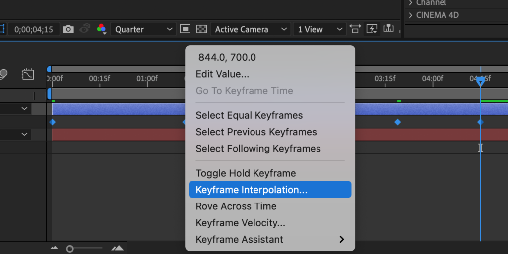 After Effects menu after right-clicking a keyframe with Keyframe Interpolation option highlighted