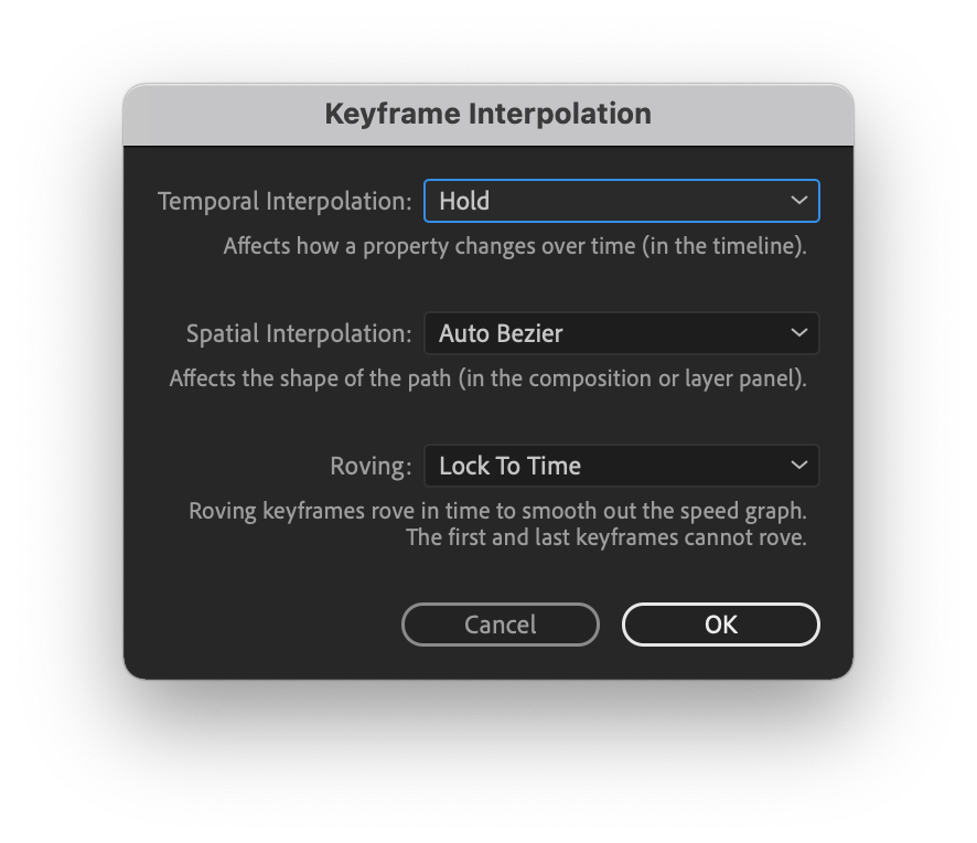After Effects Keyframe Interpolation box set to a Hold keyframe