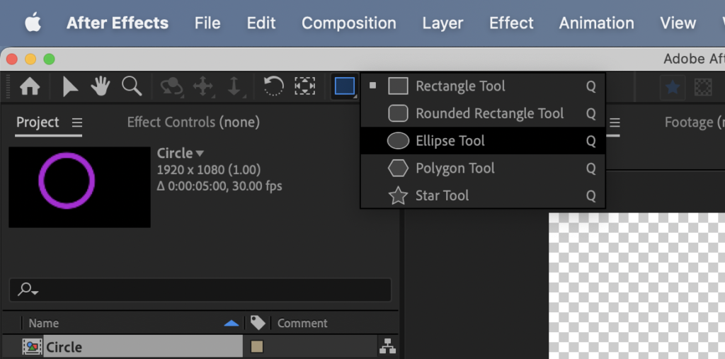 Finding the Ellipse Tool in After Effects to make a circle outline