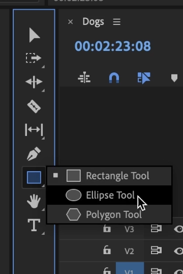Premiere Pro Toolbar with Ellipse Tool highlighted in order to make a circle