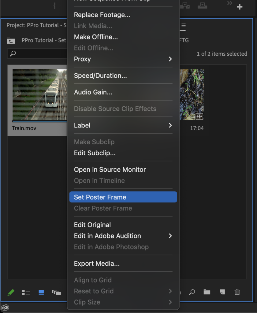 Premiere Pro menu with Set Poster Frame selected to change the thumbnail of a clip in a bin