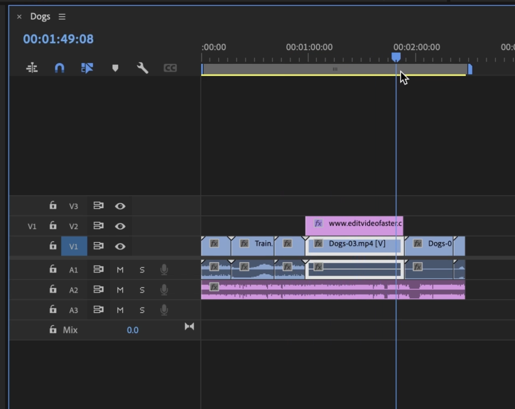 Premiere Pro timeline with Selection Follows Playhead active while scrubbing
