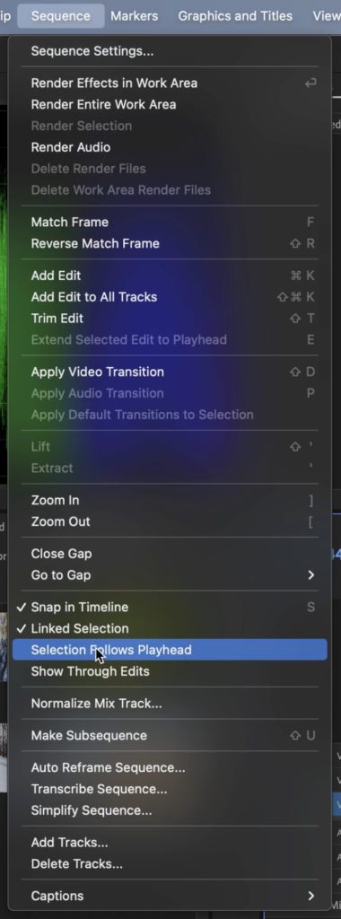 Sequence Menu with Selection Follows Playhead highlighted in Premiere Pro to show where to turn it on or off
