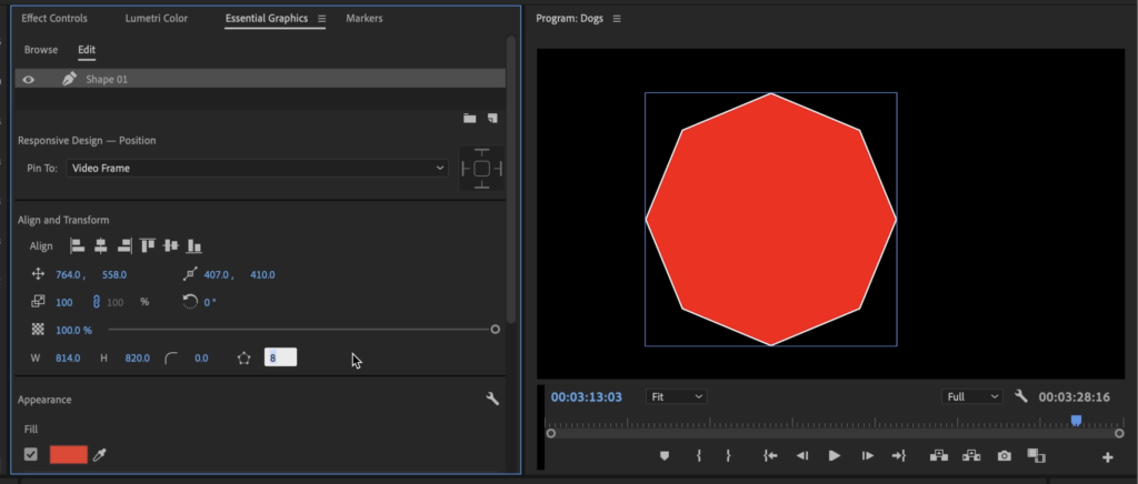 Essential Graphics panel in Premiere Pro for changing amount of sides on shape to make an octagon
